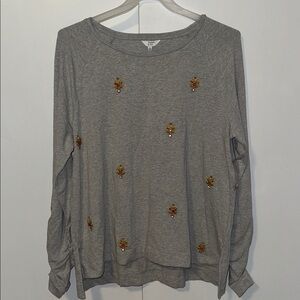 Crown & Ivy Gateway To Bali Long Sleeve Top Shirt Gray Women’s XL Embroidered